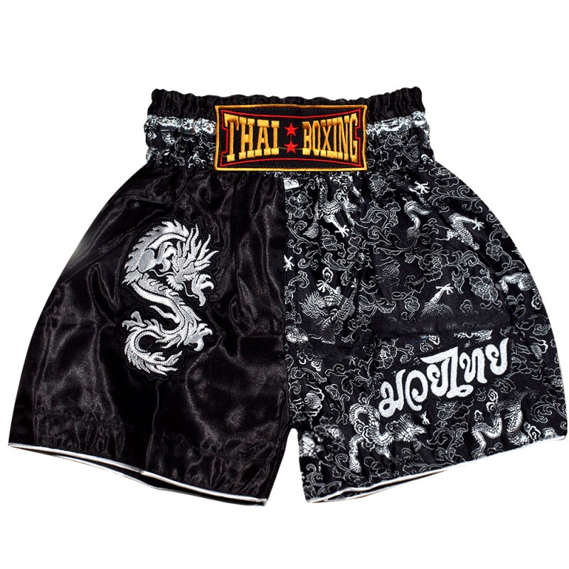 Детские Шорты Тайский Бокс "Thaiboxing" Дракон Черные с Серебром