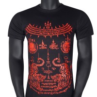 Футболка Тайская Сак Янт Тату Хлопок "2 Big Tigers" Резиновый Выпуклый Принт Черно-Красная 