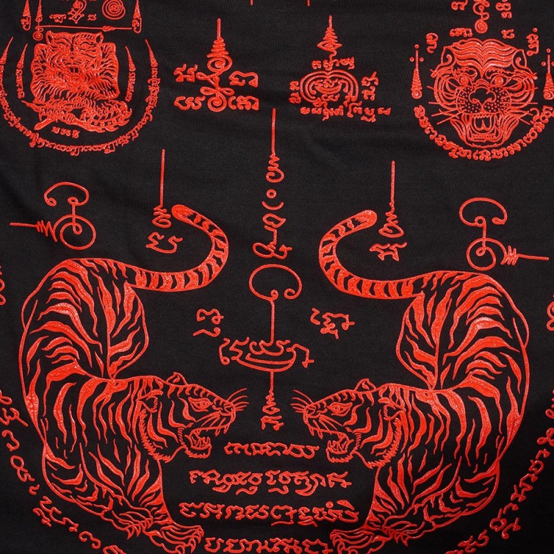 Футболка Тайская Сак Янт Тату Хлопок "2 Big Tigers" Резиновый Выпуклый Принт Черно-Красная 