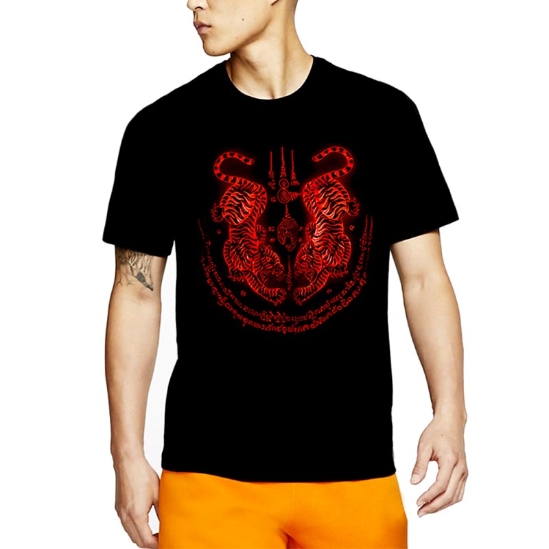 ФУТБОЛКА ТАЙСКАЯ ХЛОПОК SAK YANT 2 TIGERS РЕЗИНОВЫЙ ПРИНТ